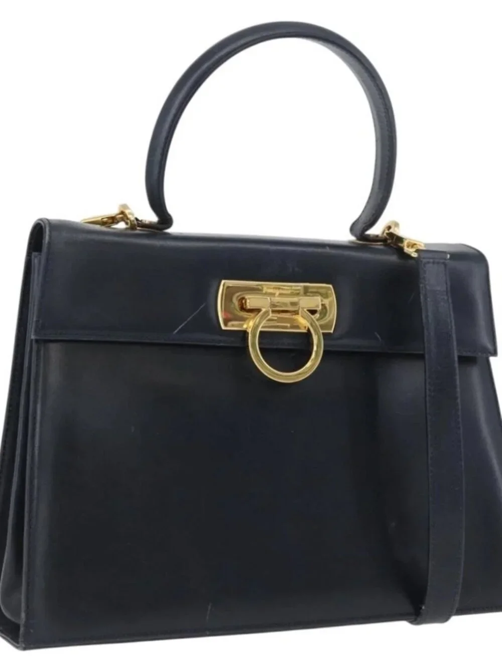 Salvatore Ferragamo Gancini Hand Bag Leather 2way Navy Gold Auth AMZ378